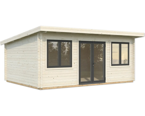 Gartenhaus aus Holz mit Fenstern und Doppeltür