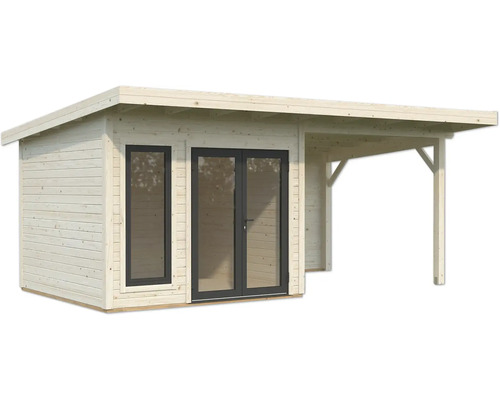 Holzgartenhaus mit Vordach, Fenstern und Doppeltür