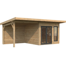 Holzgartenhaus mit überdachtem Bereich und Fenstern
