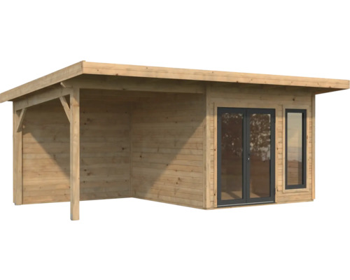 Holzgartenhaus mit überdachtem Bereich und Fenstern