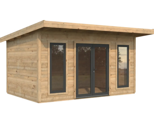 Gartenhaus aus Holz mit Fenstern und Doppeltür
