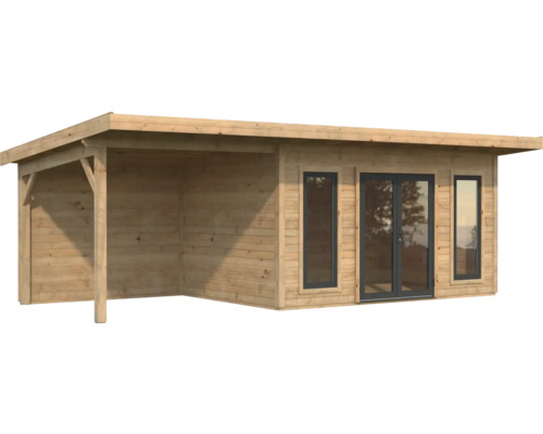 Holzgartenhaus mit überdachter Veranda und Fenstern