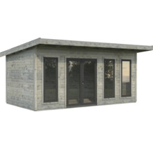 Gartenhaus aus Holz mit Fenstern und Doppeltür