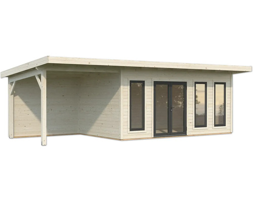 Holzgartenhaus mit Überdachung, Fenstern und Doppeltür