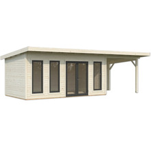 Holzgartenhaus mit Fenstern und überdachter Terrasse