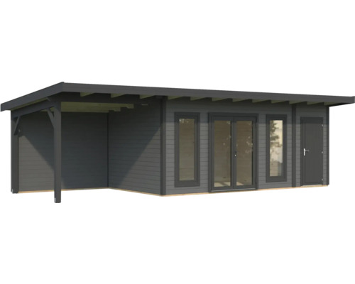 Gartenhaus mit überdachter Terrasse, Fenstern und Tür