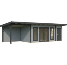 Holzgartenhaus mit überdachter Terrasse, Fenstern und Tür