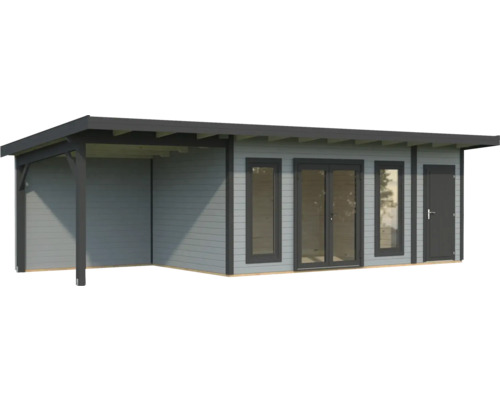 Holzgartenhaus mit überdachter Terrasse, Fenstern und Tür