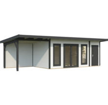 Modernes Gartenhaus mit überdachtem Bereich, Fenstern und Tür