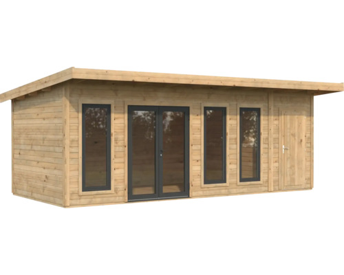 Gartenhaus aus Holz mit Fenstern und Doppeltür