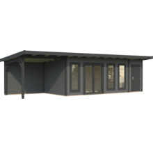 Modernes Gartenhaus mit Überdachung, Fenstern und Tür