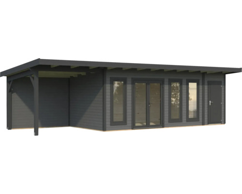 Modernes Gartenhaus mit Überdachung, Fenstern und Tür