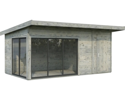 Holzgartenhaus mit Glasschiebetür und Seitentür