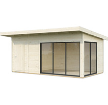 Holzgartenhaus mit Tür und Fensterfront