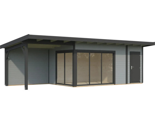Holzgartenhaus mit Carport und Schiebetür