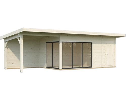 Holzgartenhaus mit Überdachung und Schiebetür