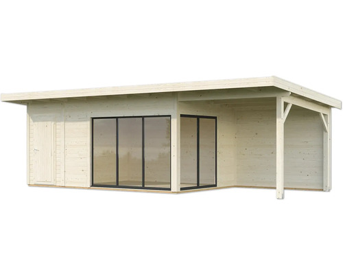 Holzgartenhaus mit Schiebetüren und Vordach