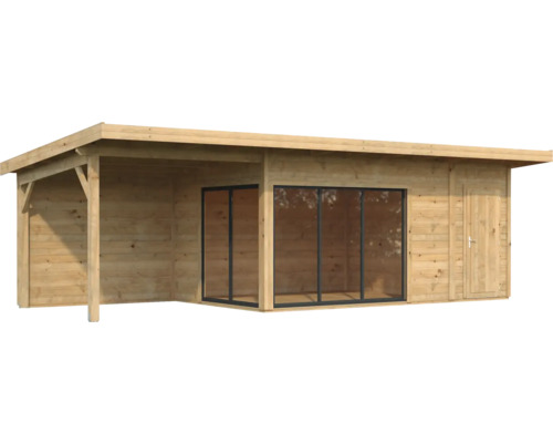 Holzgartenhaus mit Überdachung und Schiebetüren