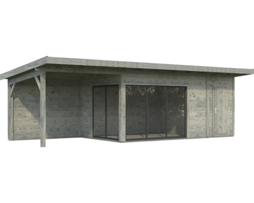 Holzgartenhaus mit Überdachung, Schiebetüren und Seitentür