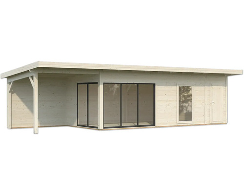 Holzgartenhaus mit überdachter Veranda, Fenstern und Tür.