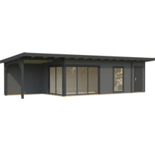 Modernes Gartenhaus mit überdachter Terrasse, Schiebetüren und Seitentür.