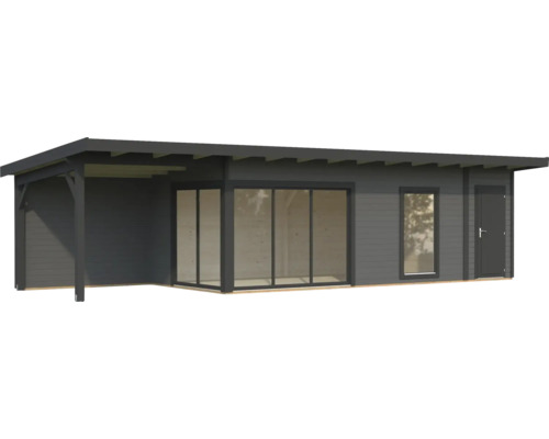 Modernes Gartenhaus mit überdachter Terrasse, Schiebetüren und Seitentür.