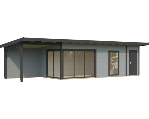 Gartenhaus mit überdachter Terrasse, Schiebetür und Fenstern