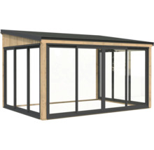 Freistehender Holzpavillon mit Schiebetüren und Metalldach