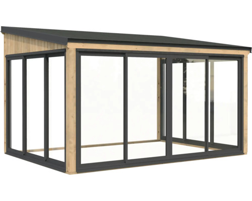 Freistehender Holzpavillon mit Schiebetüren und Metalldach