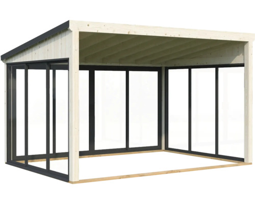 Holzpavillon mit Glaswänden