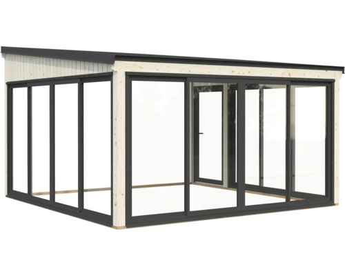 Modernes Gartenhaus mit Schiebetüren und Holzrahmen