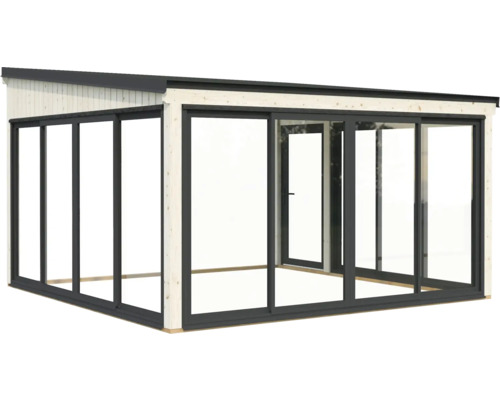Gartenhaus mit Glasschiebetüren und Holzrahmen