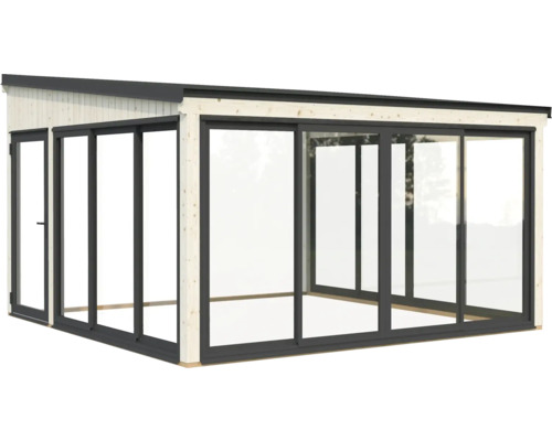 Modernes Gartenhaus mit Schiebetüren und Holzrahmen