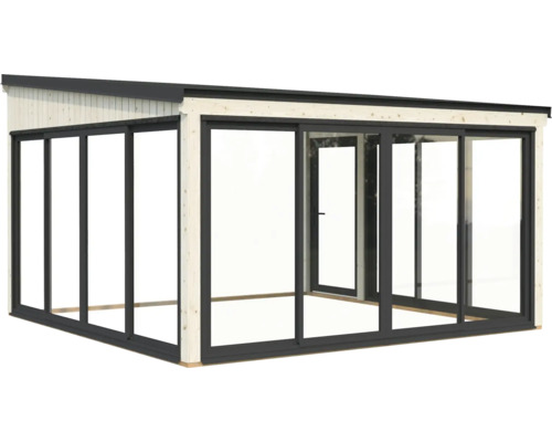 Glashaus mit Schiebetüren und Holzrahmen