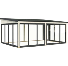 Holz-Gartenhaus mit Schiebetüren aus Glas