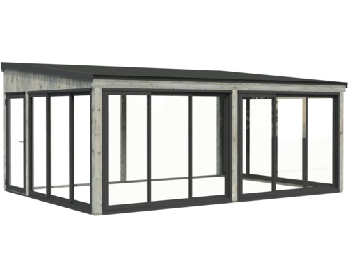 Freistehende Terrassenüberdachung mit Holzrahmen und Glasschiebetüren