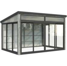 Gartenhaus mit Glasschiebetüren und Holzverkleidung