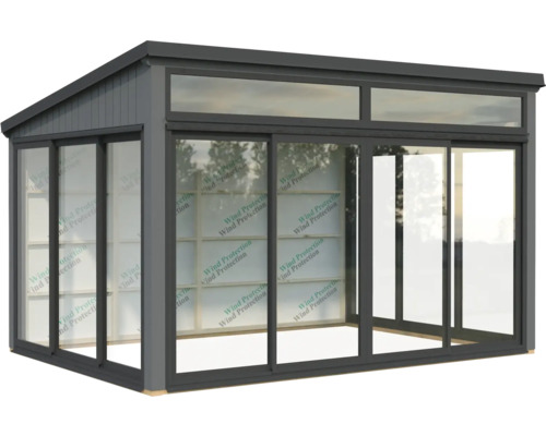 Graue Terrassenüberdachung mit Glasschiebetüren