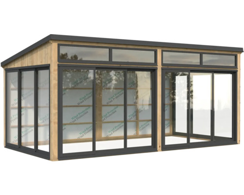 Holzgartenhaus mit großen Glasschiebetüren
