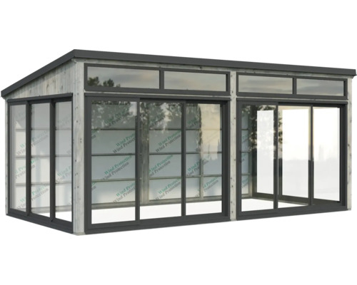 Modernes Gartenhaus mit Schiebetüren und Holzverkleidung