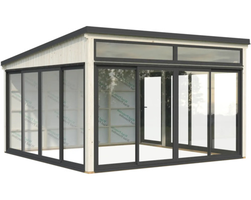 Holzgartenhaus mit Glasschiebetüren und Oberlichtern für den Gartenbereich