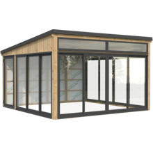 Gartenhaus mit Holzrahmen und Glasschiebetüren