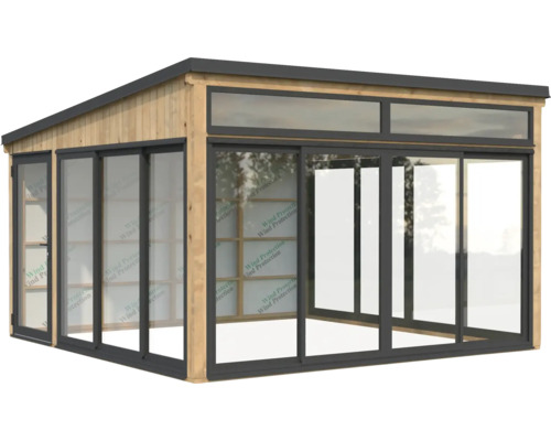 Gartenhaus mit Holzrahmen und Glasschiebetüren