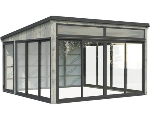 Gartenhaus mit Holzverkleidung und Schiebetüren aus Glas