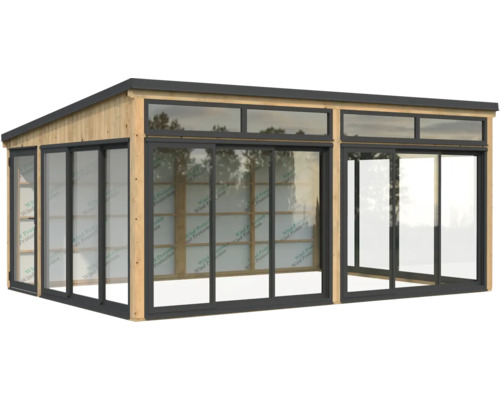 Holzgartenhaus mit Glasfront und Schiebetüren