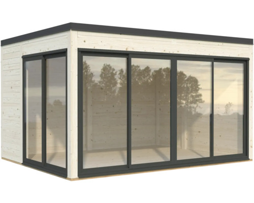 Modernes Gartenhaus mit Schiebetüren und Holzfassade