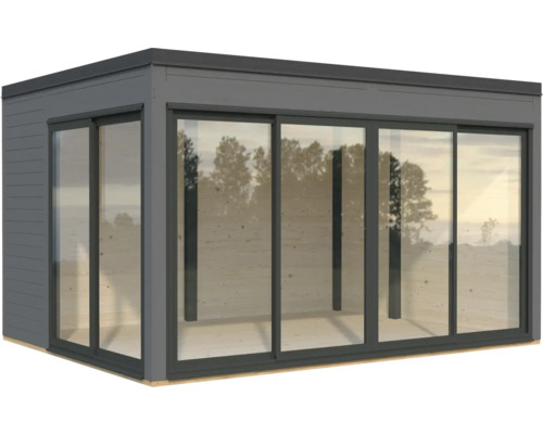 Modernes Gartenhaus mit großen Glas-Schiebetüren für viel Tageslicht