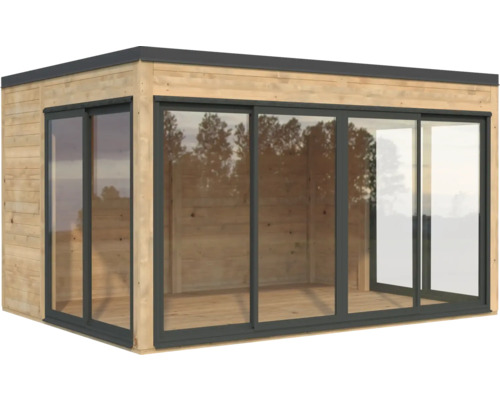 Modernes Gartenhaus aus Holz mit Glasschiebetüren