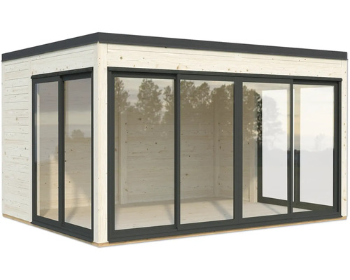 Modernes Gartenhaus aus Holz mit Schiebetüren aus Glas