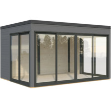 Graues Gartenhaus mit Glasschiebetüren